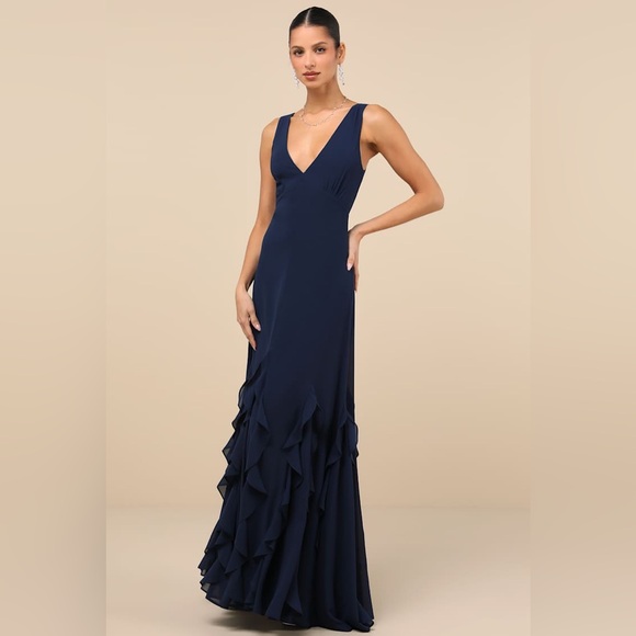 Lulus Dresses & Skirts - NWT Lulus Alorna Dark Navy Sleeveless Ruffled Maxi Dress Medium